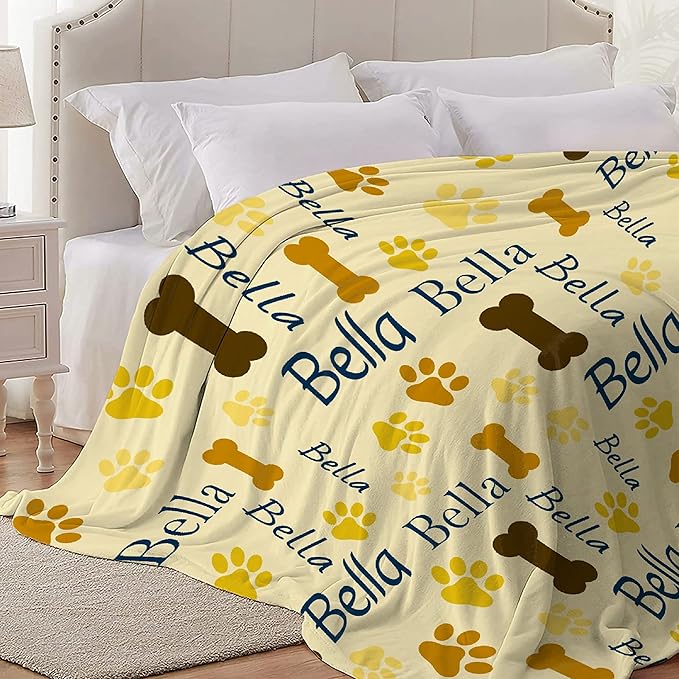 Custom Pet Name Blanket Personalized Dogs Customized Puppy ,Dog Gift for Dog Lovers Mom Dad Cute Paw Prints Soft Flannel Throw Bed Sofa Travel Small 50''x40'' Kids Dog Paw Print Bone-1
