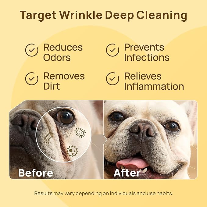 HICC PET Wrinkle Wipes, Vet-Recommended Dog Wipes Cleaning Deodorizing, Soothes Redness & Odor, Prevents Infections, Tear Stain Remover, Gentle for French Bulldogs, Pugs, English Bulldogs (100 Counts)