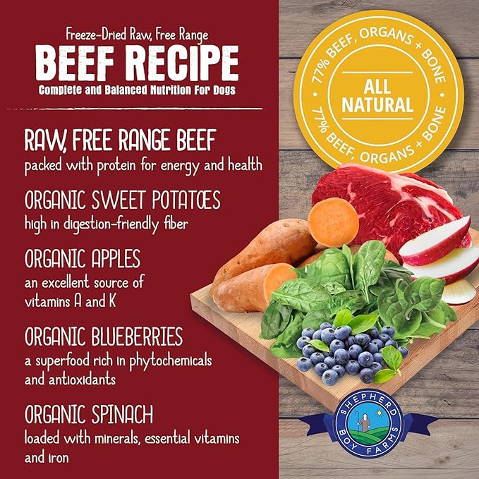 Shepherd Boy Farms Freeze Dried Raw Dog Food, Beef Recipe, All Natural, No Synthetics, Made in USA with Goat's Milk & Organic Produce, High Protein, Complete Meal (48oz)