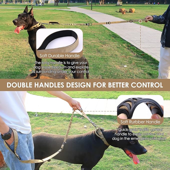 Hotsky Tactical Dog Leash Heavy Duty,4-6Ft Strong Bungee Shock Absorbing Lead with Padded Double Handle,Car Seatbelt,Metal Carabiner Clip,No Pull Leash for Small Dogs,Khaki