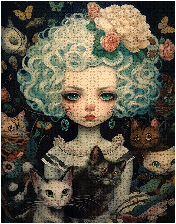 Curly-haired Doll and Cat Jigsaw Puzzle Cool Dolls Girl 1000 Piece Jigsaw Puzzles for Adults Challenging Family Activity Games Colorful DIY for Home Decor 20 x 27 Inch