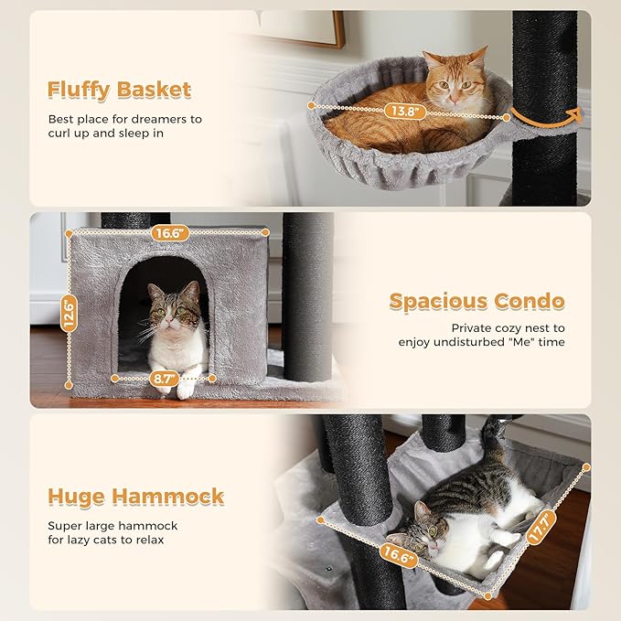 XXL Cat Tree, 67" Heavy Duty Cat Tower for Indoor Cats Large Adult with 13 Thick Scratching Posts (φ4.3), Large Perch, Spacious Condo, Hammock - for Maine Coon up to 20 lbs, Black