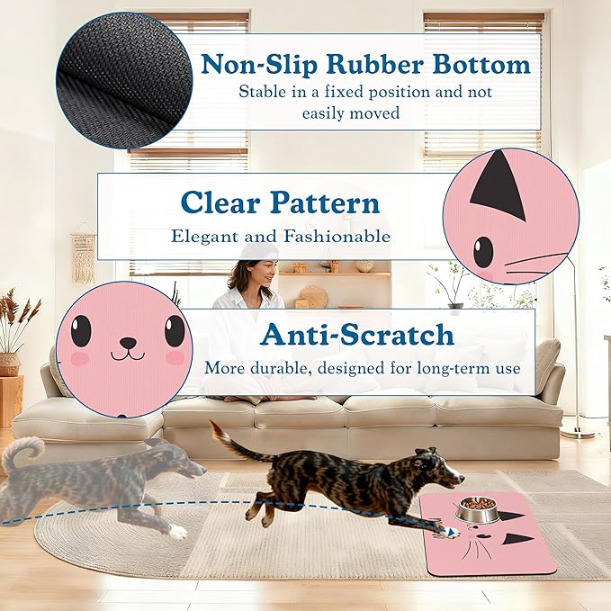 Pink Cat Dog Food Mat–Absorbent Quick Dry Feeding Placemat for Food and Water Bowls, Non Slip Rubber Backing, Waterproof Pet Supplies for Mess-Free Eating 12"x20"
