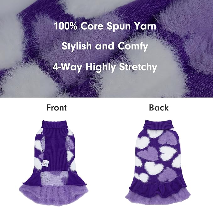 CuteBone Purple Heart Dog Sweater Dress for Small Dogs Girl, Soft and Stretchy Dog Sweater for Medium Large Dogs, Pullover Pet Winter Clothes Ruffle Dress Cat Apparel DS101XL