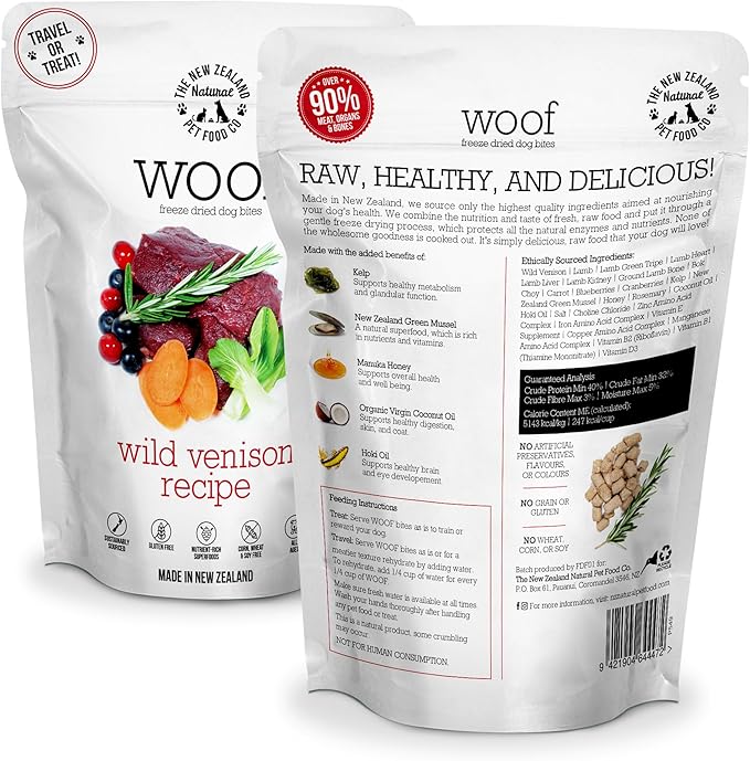 The New Zealand Natural Pet Food Co Woof Freeze Dried Dog Food - Wild Venison, High Protein, Dog Food Topper & Dog Treats, All Life Stages, 1.76 oz