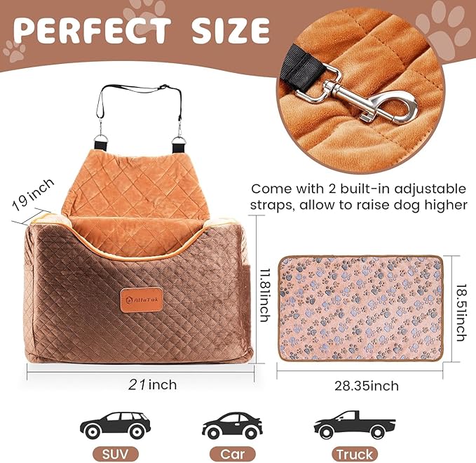 Memory Foam Booster Dog Car Seat with Washable Removable Cover, Elevated Pet Car Seat, Anti-Slip Sturdy Booster Seats for Small Dogs 35lbs, Seat Belt, Storage Pocket, Dog Blankets