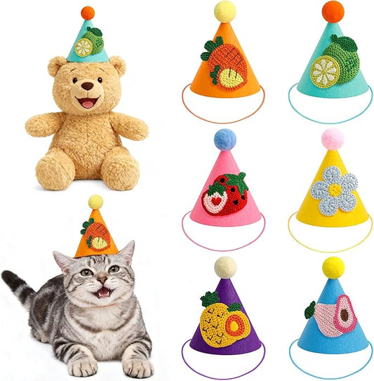 Mini Party Hats for Stuffed Animals, Small Colorful Birthday Hats with Cute Fruit Knitted Applique for Dolls Dogs Cats Rabbits, Birthday Party Decoration Supplies