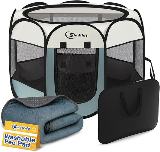 Dog Playpen with Washable Pee Pad, Puppy Pet Cat Playpen Small Dogs Tent Crate Indoor/Outdoor, Portable Pop Up Kennel with Carrying Case for Cats/Rabbits(Grey,Small with pad)