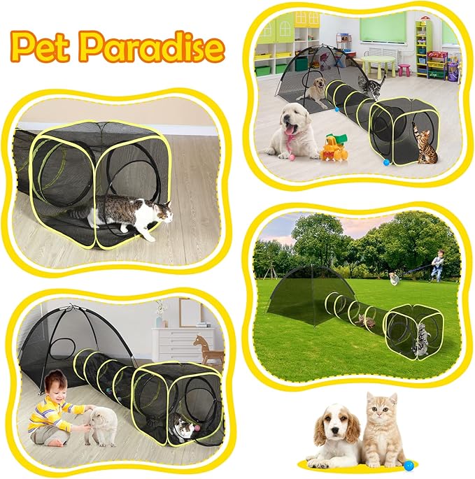 Outdoor Cat Enclosures for Indoor, Portable Mesh Tent, Outdoor pet Tunnel, Cat Playhouse with Adjustable Cat Harness and Leash for Walking, Colorful Tease Ball for Small Animals