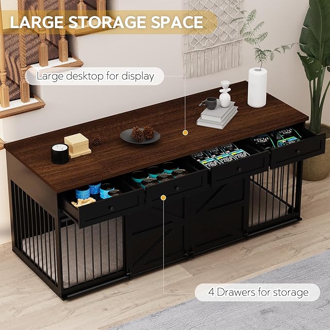 Furniture Style Dog Crate - 83" L Super Large Wooden Dog Kennel Furniture with 4 Drawers & 2 Sliding Barn Doors - for Small Medium Large Dogs, Black