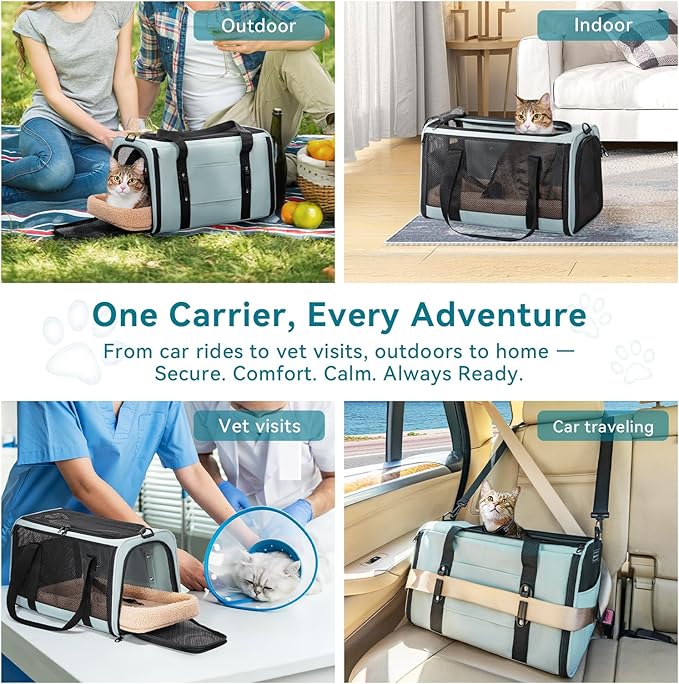 PETSFIT Cat Car Carrier for Small/Medium Cats Dogs, 18"x11"x11" Airline Approved Cat Carrier, with Patent Safety Buckles and Escape-Proof Zipper - Safeguarding Car Travel, Airplane, Vet, Outdoor