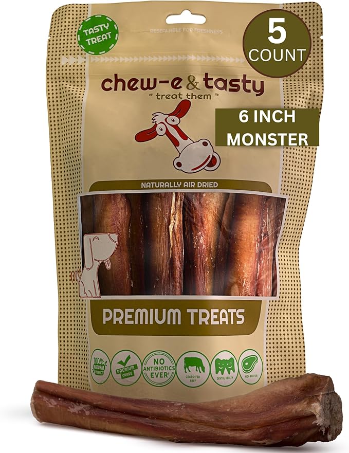 chew-e&tasty Premium Grade 6" Monster Bully Sticks (Pack of 5) - All Natural Free-Range Odor Free High Protein Dental Dog Chews Safest Long Lasting Pizzle Chews to Keep Your Dog Busy for Large Dogs