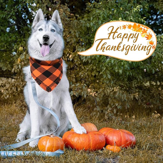 Kytely Dog Bandana Fall Christmas XLarge 2Pack, Halloween Thanksgiving Dog Bandanas, Orange Plaid Pet Scarf for Boy and Girl, Holiday Bandana Reversible Triangle Bibs Accessories for Dogs Pets