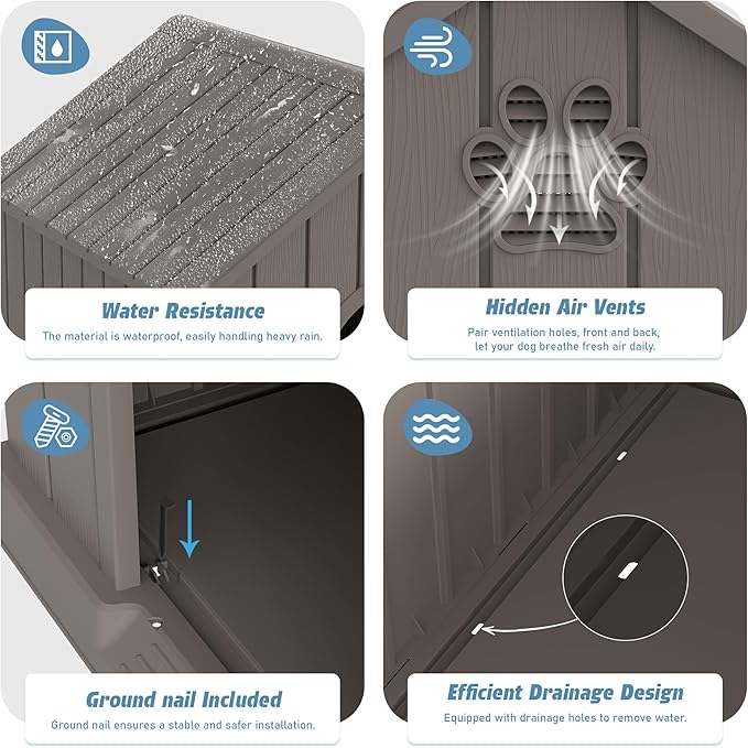Dog House Outdoor Indoor for Medium Large Dogs, Durable Plastic Waterproof Doghouse with Air Vents and Elevated Floor, Easy Clean and Assemble (Grey, 26.18''L × 24.02''W × 25.98''H)