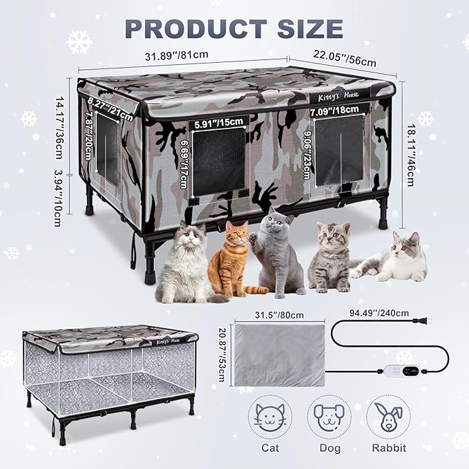 Heated Outdoor Cat House - Weatherproof Outdoor Cat Shelter with 2 Doors & Rain Cover, Waterproof Warm Outside Cat House for Feral Cats & Stray Pets (32"x22"x18")