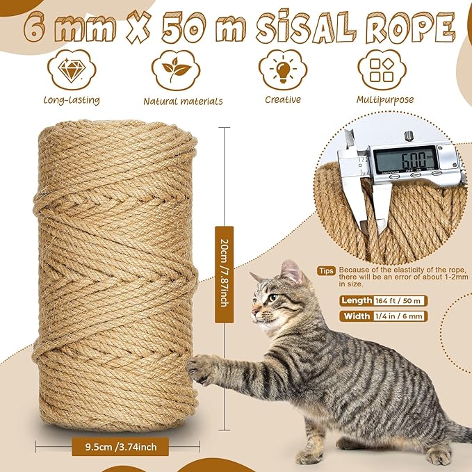 164 ft/50 m Sisal Rope for Cat Scratcher, 1/4 inch/ 6 mm Thick Twine for Cat Scratching Post Cat Tree Replacements DIY Craft Projects, Jute Hemp Rope with 4 Random Colors Cat Toys