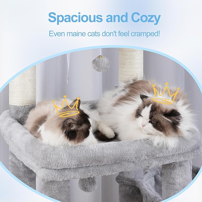 Hey-brother Cat Tree Tower, Scratching Posts with Extra Large Platform, Specious Condo, 2 Cozy Hammocks, Self-Grooming Brush for Indoor Adult Cats, Maine Coon 51.1 inches, Light Gray MPJ070W