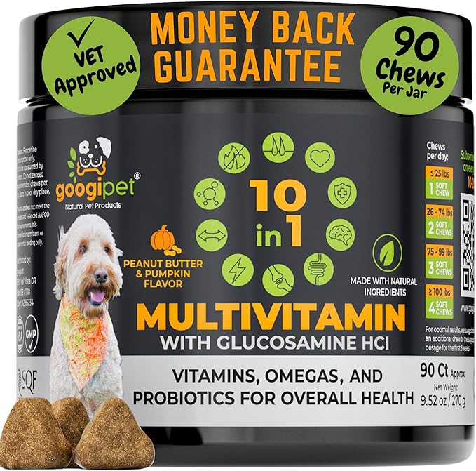 Googipet Premium 10 in 1 Dog Vitamins Multivitamin Chewable with Probiotics for Gut Health, Dog Vitamins and Supplements w/Vitamin C & Glucosamine for Joint Support (Peanut Butter & Pumpkin Flavor)