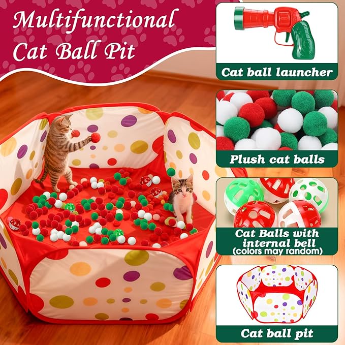 Mity rain Cat Ball Pit with Balls Included, Interactive Toy for Indoor Bored Cats with Ball Launcher, Jingle and Pom Pom Balls, Christmas Cat Toys Enrichment, Kitten Toys for Self Playing Red
