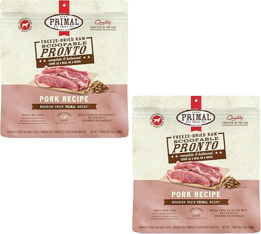 Primal Freeze Dried Dog Food, Pronto Mini Nuggets, Pork; Scoop & Serve, Complete & Balanced Meal; Also Use As Topper or Treat; Premium, Healthy, Grain Free, High Protein Raw Dog Food (25 oz, 2-Pack)