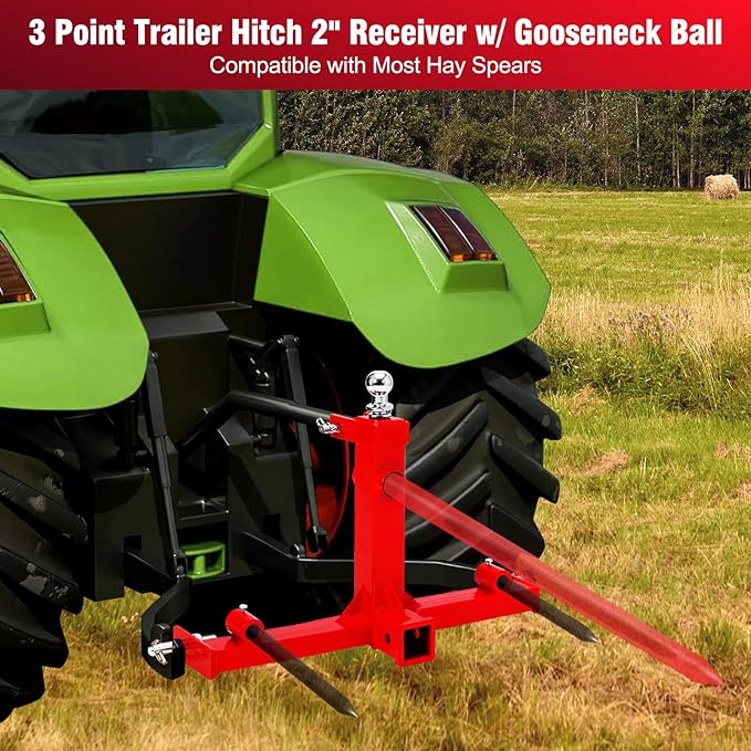 3 Point Gooseneck Trailer Hitch with 2 inch Receivers for Cat1, 3000lbs Capacity 3 Point Quick Hitch Attachment with Trailer Gooseneck Trailer Ball Drawbar Fits Category 1 Tractors
