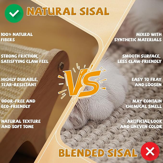 Natural Sisal Cat Scratcher Bed for Indoor Cats Scratching Post Hammock Lounge with Oak Frame, Wooden Cat Furniture for Large Cats, Modern Scratcher