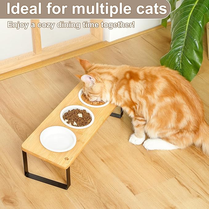 Sunhoo Raised Cat Food Water Bowl Elevated Tilted Kitty Dishes Set of 3 Ceramic Dish for Indoor Cats Orthopedic Pet Food Stand Reduces Vomiting 3 Bowl Cat Feeder Easy Assembly(Wood Color)