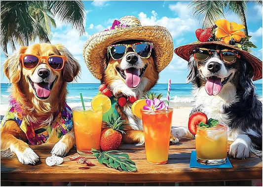 100 Piece Puzzles for Kids Ages 6-8, Dogs Summer Sips Jigsaw Puzzle, Educational Puzzle for Kids & Adults, 100 Piece Puzzles for Adults Large Piece for Seniors 15x11 in
