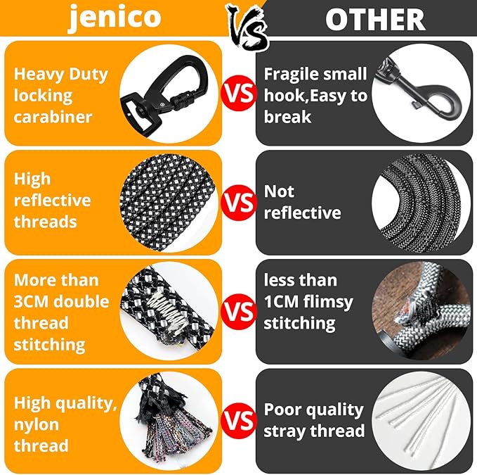 jenico Long Dog Leash 50FT: Heavy Duty Rope Leashes for Dogs Training with Swivel Lockable Hook Reflective Threads Bungee and Padded Handle - Dog Lead for Large Small Medium Dogs Outside Walking