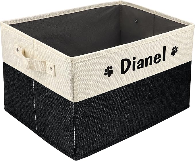 PET ARTIST Personalized Dog Toy Bin for Dog Toys Accessories - Foldable Dog Toy Basket Storage Box for Pet Toys,Dog Coat, Upgrade Black, M:15''(38cm)*11''(28cm)*9''(23cm)