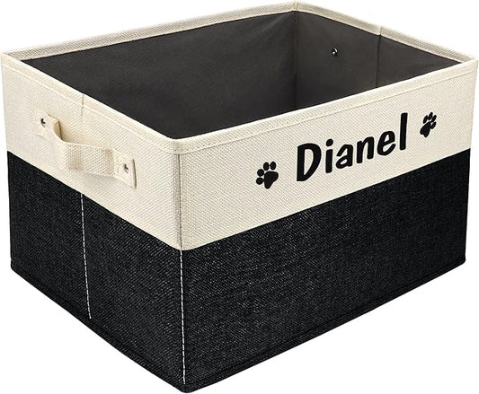 PET ARTIST Personalized Dog Toy Bin for Dog Toys Accessories - Foldable Dog Toy Basket Storage Box for Pet Toys,Dog Coat, Upgrade Black, M:15''(38cm)*11''(28cm)*9''(23cm)