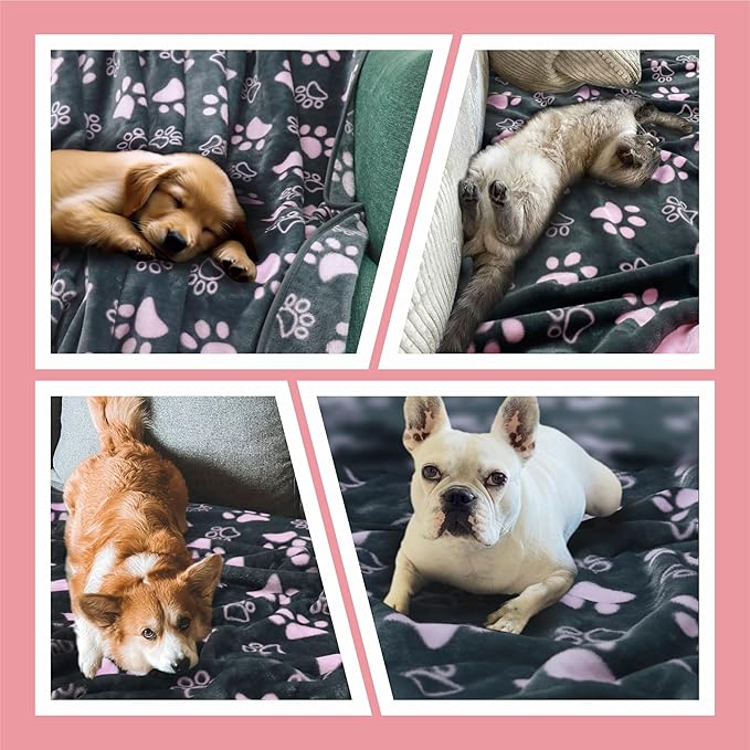 Upgraded Dog Blankets for Large Dogs, Cat Flannel Blankets Washable, with Premium 300GSM Soft Pet Throw Cover for Kennel Crate Bed, Cute Paw Pattern,50x60 inch,Grey & Pink.