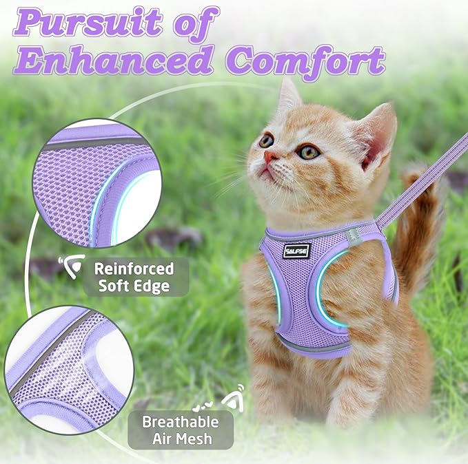 Cat Harness and Leash for Walking Escape Proof, Adjustable Kitten Vest Harness Reflective Soft Mesh Puppy Harness for Outdoor, Comfort Fit, Easy to Control (Purple, S)