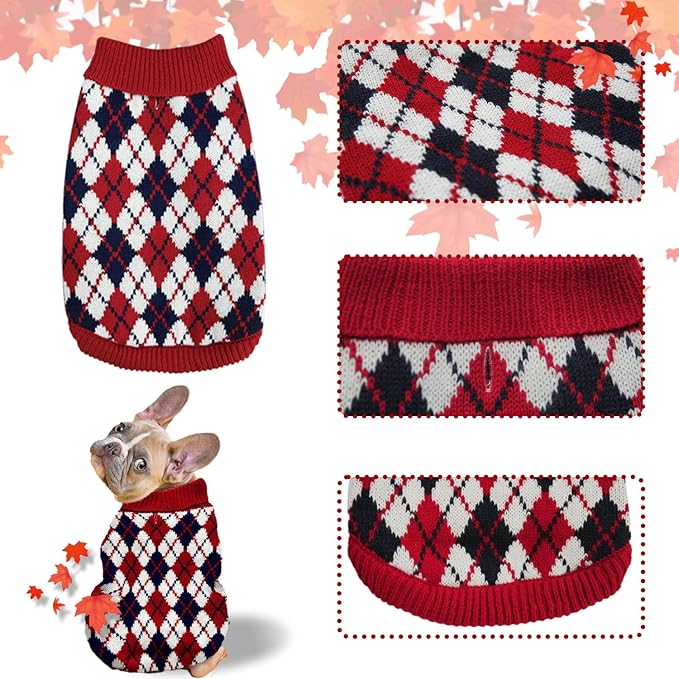 Pet Sweater The Diamond Plaid Cat Dog Shirts, Dog Apparel with Leash Hole,Red Boys Girls High Stretch Pet Clothes Small