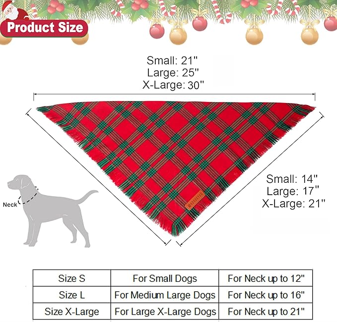 ADOGGYGO Christmas Dog Bandanas with Tassels, Red Green Plaid Pet Xmas Scarf Bib, Multiple Sizes, Christmas Bandana for Medium Large Dogs Pets (Large)