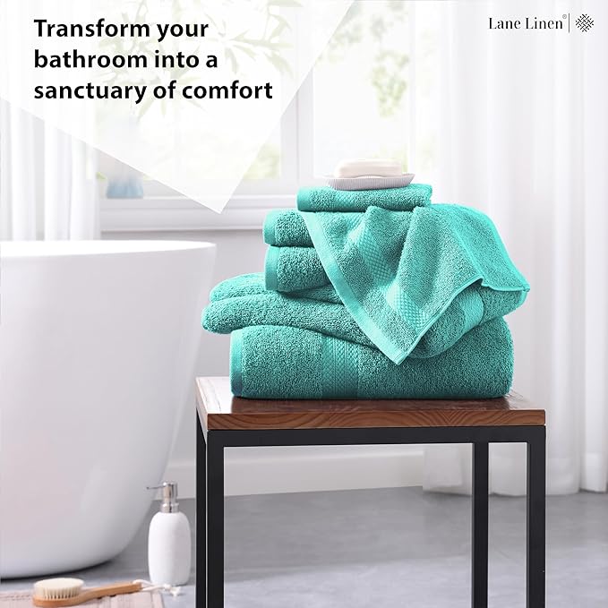 Lane Linen 100% Mercerized Cotton Luxury Bathroom Towel Set - 6 Pc - Quick Dry, Very Soft, Fluffy & Highly Absorbent - 2 Large Bath Towels, 2 Washcloths, 2 Hand Towel - Pet Friendly, Pre Shrunk - Teal