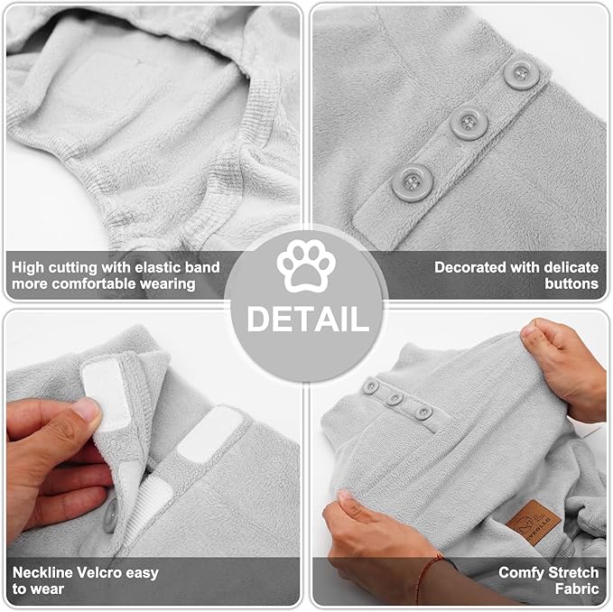 cyeollo Dog Pajamas Fleece Dog Pjs Thermal Dog Onesie Stretchy Jumpsuit Doggie Warm Pet Coat Outfits for Winter Cat Apparel Color Grey