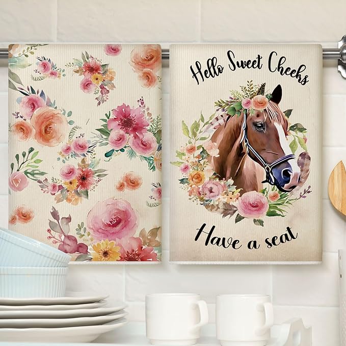 TecUnite 6 Pcs Horse Kitchen Towels Set Funny Floral Tea Towels Gifts for Horse Lovers Dish Towels Decorative Horse Hand Towel for Bathroom Cleaning Drying Tasks Women Mom Housewarming Gifts Decor