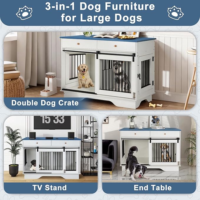 Dog Crate Furniture for 2 Dogs, Dog Kennel with 2 Storage Drawers & Divider, Large Double Dog Cage As TV Stand, Furniture Style Dog Crates with Sliding Barn Door (Blue & White)