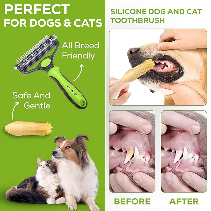 Pet Grooming Set – Deshedding Hair Brush & 2 Finger Toothbrushes – Perfect for Dogs & Cats (Green)