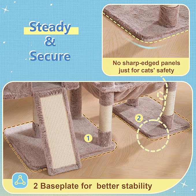 Hey-brother Cat Tree Tower, Scratching Posts with 3 Condos, Large Basket, Cozy Bed, Sisal Board, Step-by-Step Climbing Pathway and Toys, 74.8 inches Furniture for Big Indoor Cats, Muchroom MPJ081MU