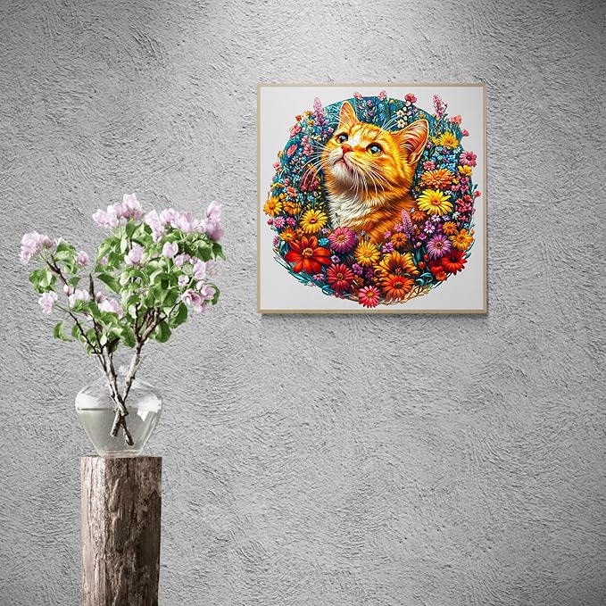 KAAYEE Wooden Puzzles for Adults, Cat in Flowers 280 Piece Unique Animal Shape Puzzle, Cat Wood Puzzle for Adults, Creative Gifts for Friends/Family, Home Decor(13.4 * 13.4in)