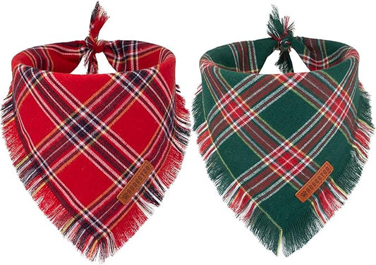 ADOGGYGO Christmas Dog Bandanas with Tassels, Stylish Red Green Plaid Dog Scarf Bib, Multiple Sizes, Pet Christmas Bandanas for Large and Extra Large Dogs (X-Large)