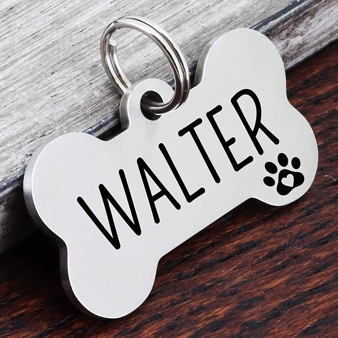 Ultra Joys Custom Personalized Dog ID Tag, Brushed Stainless Steel Bone Dog Tag, Silver, Large