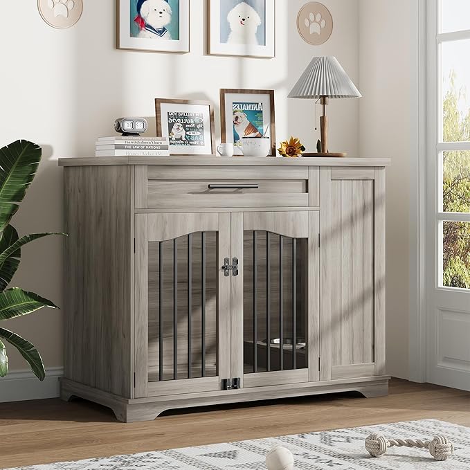 Furniture Style Dog Crate for Large Dogs, 44 Inch Heavy Duty Wooden Dog Kennel Furniture with Drawer & Side Storage and Bulit-in Feeding Station,Grey