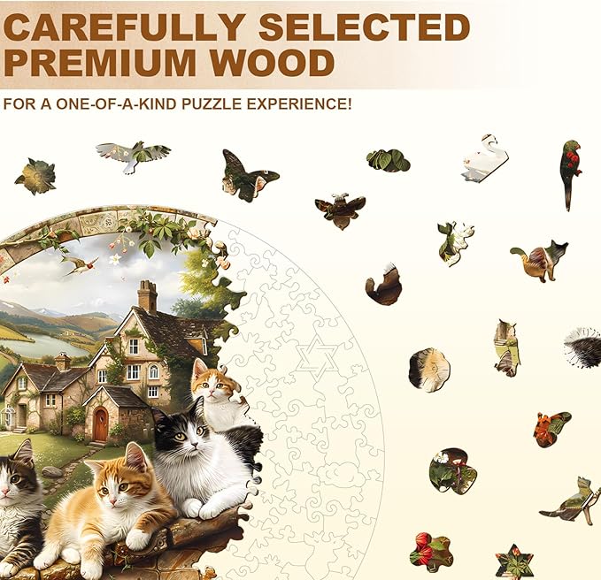 KAAYEE Wooden Puzzles for Adults, Kitten Manor Puzzles, 100 Piece Unique Animal Shape Puzzle, Cat Wood Puzzle for Adults, Creative Gifts for Cat Lover/Friends/Family, Home Decor(8.5 * 8.5in)