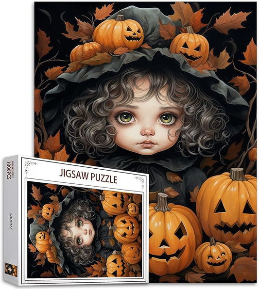 Halloween Pumpkin Girl Jigsaw Puzzle Black Curly Hair Doll 1000 Piece Jigsaw Puzzles for Adults Challenging Family Activity Game DIY Puzzle Home Decor Gift for Friends 20 x 27 Inch