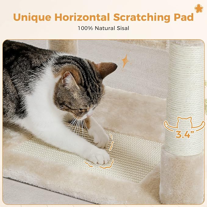 PAWZ Road Large Cat Tree, 72 Inches Cat Tower for Large Cats, Cat Condo with Sisal-Covered Scratching Posts and Pads, 2 Padded Perch, Dual Condo and Basket for Indoor Cats-Beige