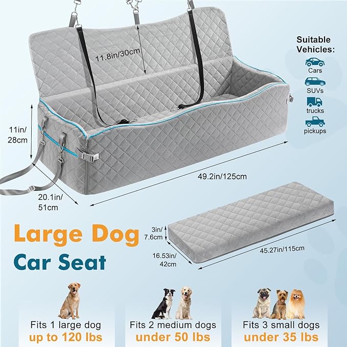 Large Dog Car Seat, Dog Car Bed for Large Dogs Under 120lbs, Dog Booster Seat with Thick Cushion and 2 Pet Safety Leashes, Detachable & Washable Pet car Bed for Backseat