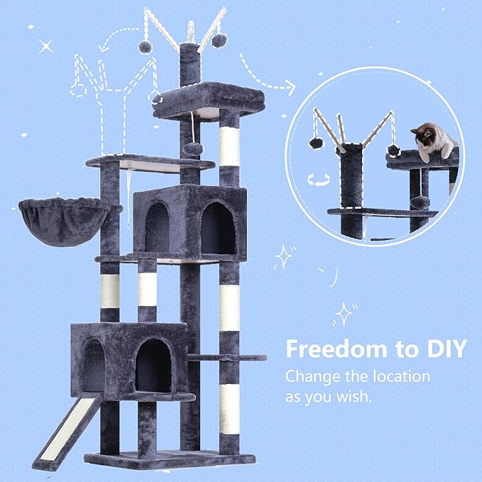 Hey-brother Cat Tree Tower, Sturdy Scratching Posts with Platform, Large Condos, Hammock, Removable Toys, Scratch Board, Multi-Level Furniture for Indoor Cats, 59.0 or 72.8 Inches, Smoky Gray MPJ055G